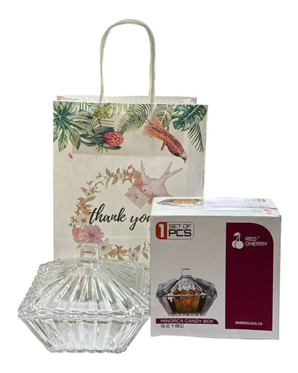 Set cadou decorativ – bombonieră din sticlă cu capac 1142-7