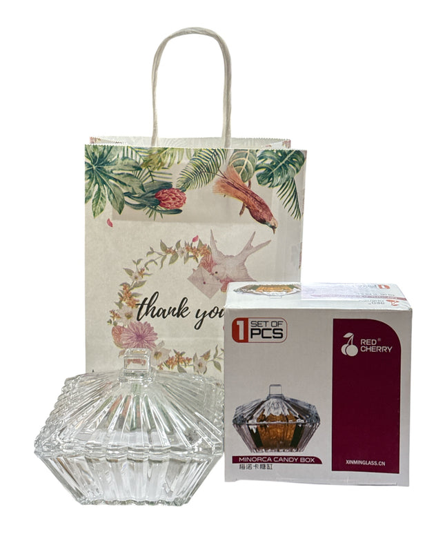 Set cadou decorativ – bombonieră din sticlă cu capac 1142-7