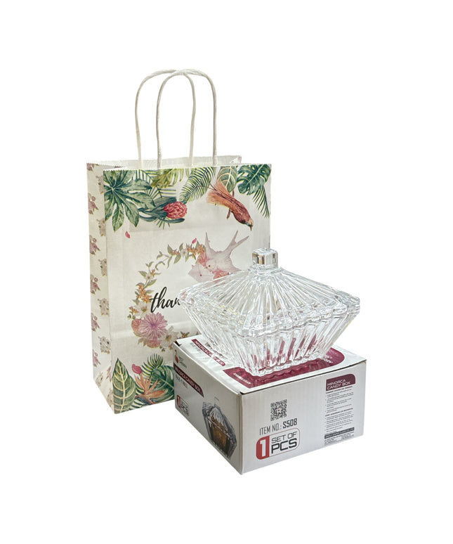 Set cadou decorativ – bombonieră din sticlă cu capac 1142-7