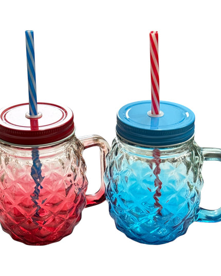 Halbă din sticlă cu capac și pai–Model Ananas 400ml