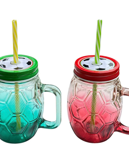 Halbă din sticlă cu capac și pai–Model Fotbal 400ml
