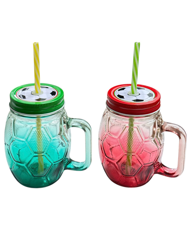 Halbă din sticlă cu capac și pai–Model Fotbal 400ml