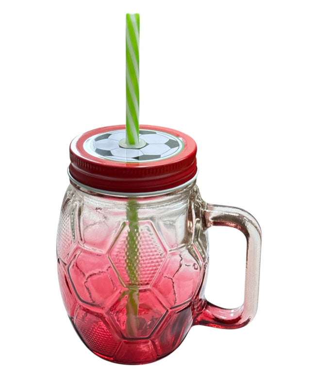 Halbă din sticlă cu capac și pai–Model Fotbal 400ml