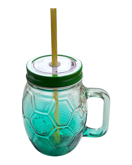 Halbă din sticlă cu capac și pai–Model Fotbal 400ml