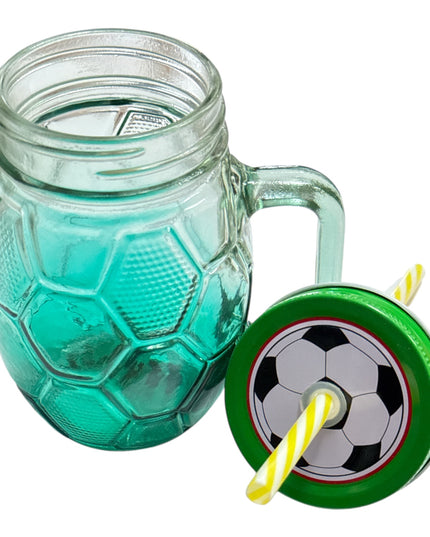 Halbă din sticlă cu capac și pai–Model Fotbal 400ml