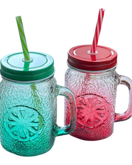 Halbă din sticlă cu capac și pai–Model Lămâie 400ml