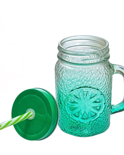 Halbă din sticlă cu capac și pai–Model Lămâie 400ml