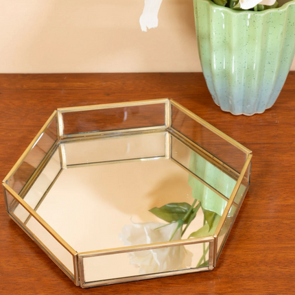Tavă decorativă din sticlă cu oglindă – formă hexagonală 25x22cm
