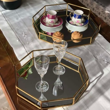 Tavă decorativă din sticlă cu oglindă – formă hexagonală 25x22cm