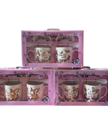 Set cadou 2 căni cu capac și linguriță model Fluturi HK2125