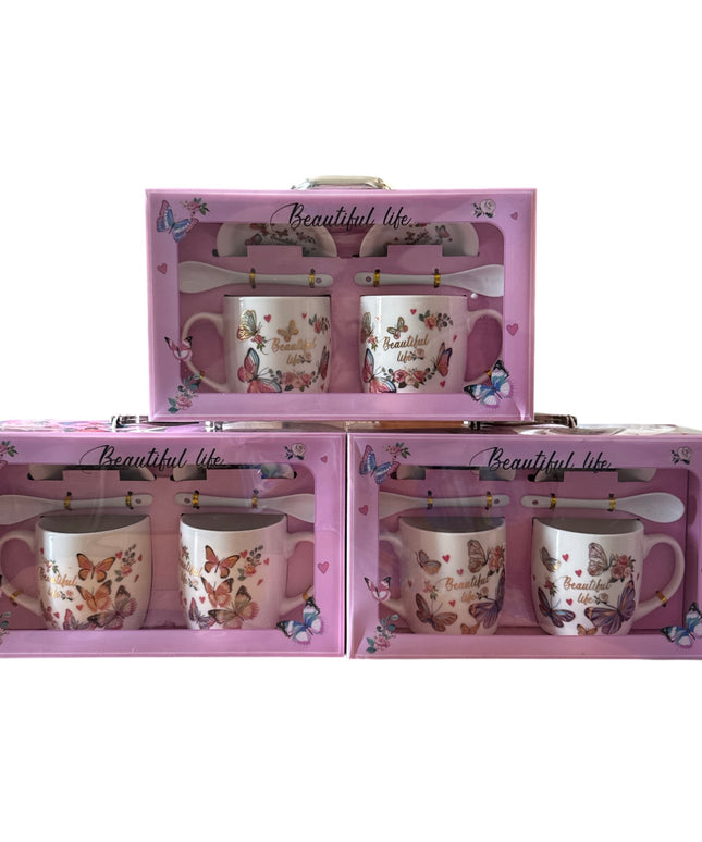 Set cadou 2 căni cu capac și linguriță model Fluturi HK2125