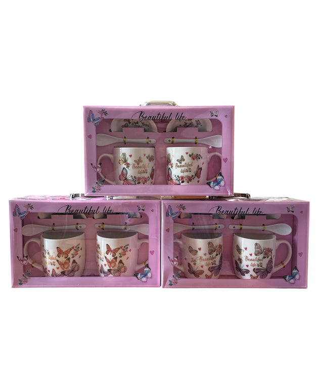 Set cadou 2 căni cu capac și linguriță model Fluturi HK2125