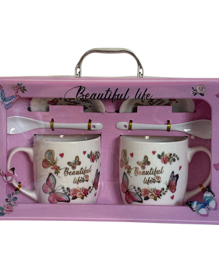 Set cadou 2 căni cu capac și linguriță model Fluturi HK2125