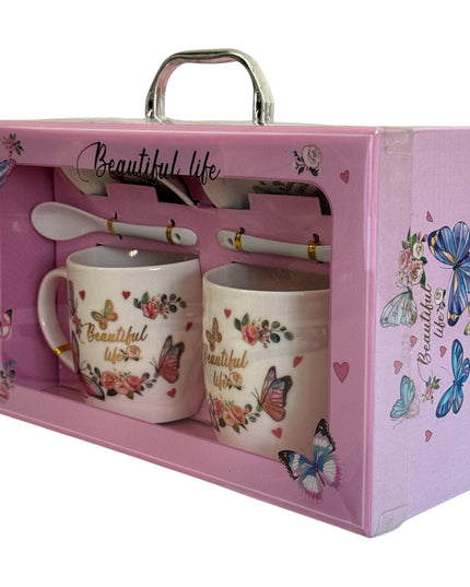 Set cadou 2 căni cu capac și linguriță model Fluturi HK2125