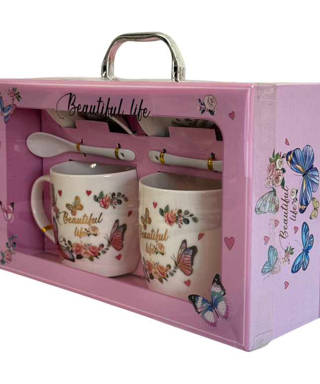 Set cadou 2 căni cu capac și linguriță model Fluturi HK2125