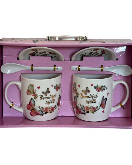 Set cadou 2 căni cu capac și linguriță model Fluturi HK2125