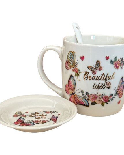Set cadou 2 căni cu capac și linguriță model Fluturi HK1402