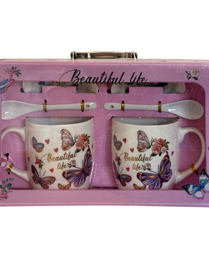 Set cadou 2 căni cu capac și linguriță model Fluturi HK2125