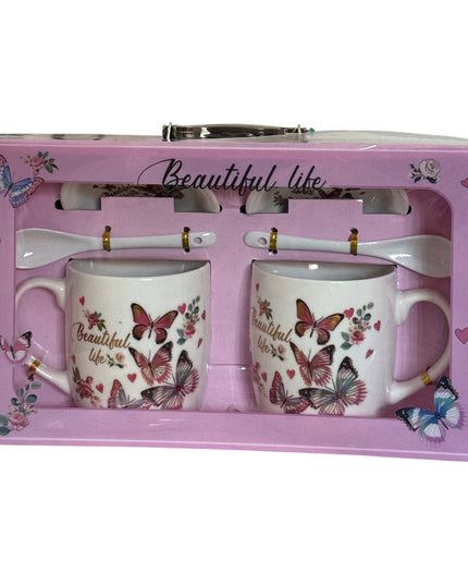Set cadou 2 căni cu capac și linguriță model Fluturi HK2125