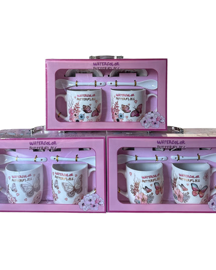 Set cadou 2 căni cu capac și linguriță model Fluturi HK1402