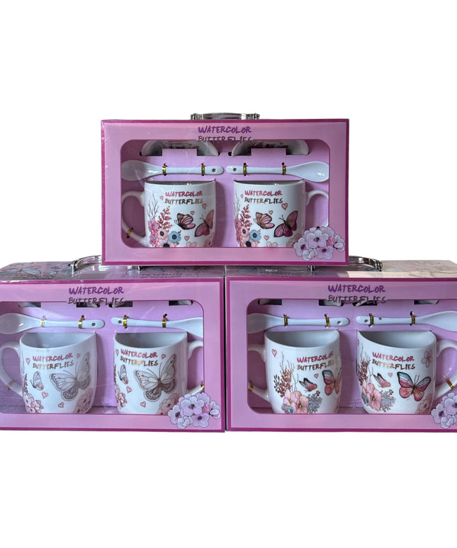Set cadou 2 căni cu capac și linguriță model Fluturi HK1402