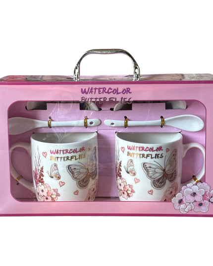 Set cadou 2 căni cu capac și linguriță model Fluturi HK1402