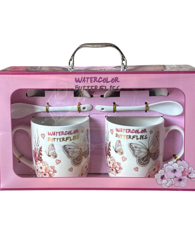 Set cadou 2 căni cu capac și linguriță model Fluturi HK1402