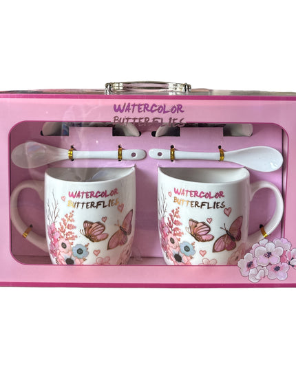 Set cadou 2 căni cu capac și linguriță model Fluturi HK1402
