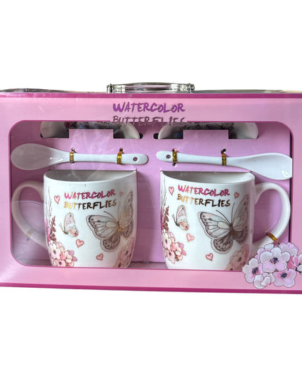 Set cadou 2 căni cu capac și linguriță model Fluturi HK1402