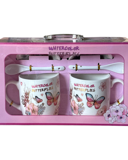 Set cadou 2 căni cu capac și linguriță model Fluturi HK1402