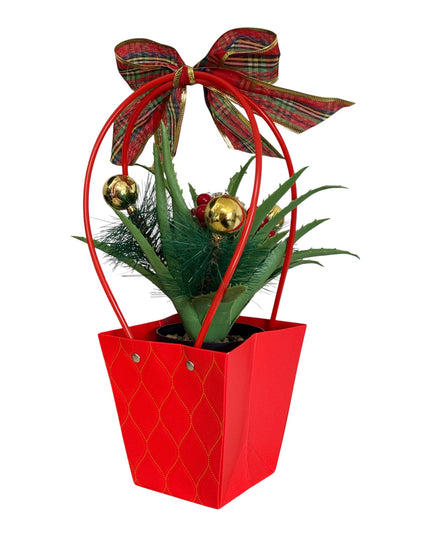 Aranjament Decorativ de Crăciun în suport Roșu cu Fundă– 35 × 12 cm
