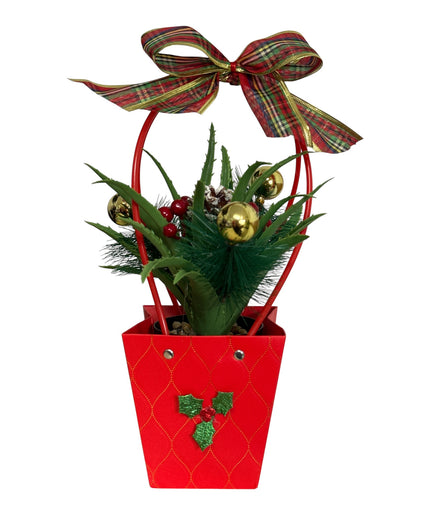 Aranjament Decorativ de Crăciun în suport Roșu cu Fundă– 35 × 12 cm
