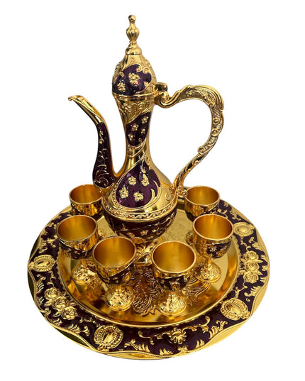 Set Oriental Tavă cu carafă și 6 pahare Mov/Auriu