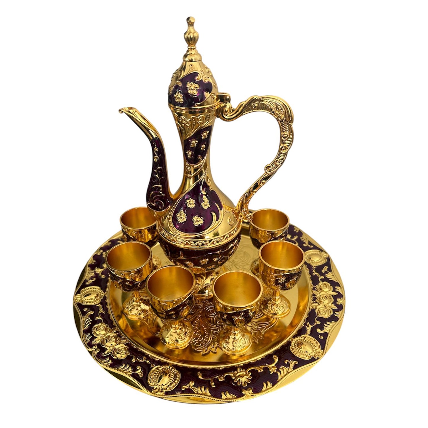 Set Oriental Tavă cu carafă și 6 pahare Mov/Auriu