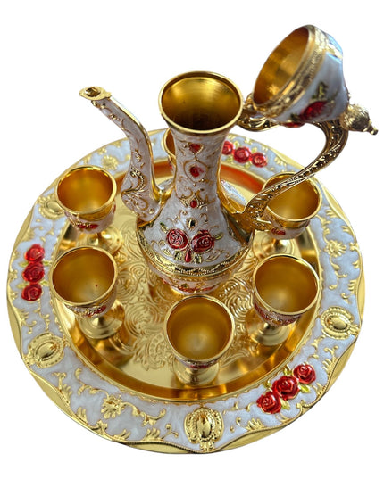 Set Oriental Tavă cu carafă și 6 pahare Roșu/Auriu